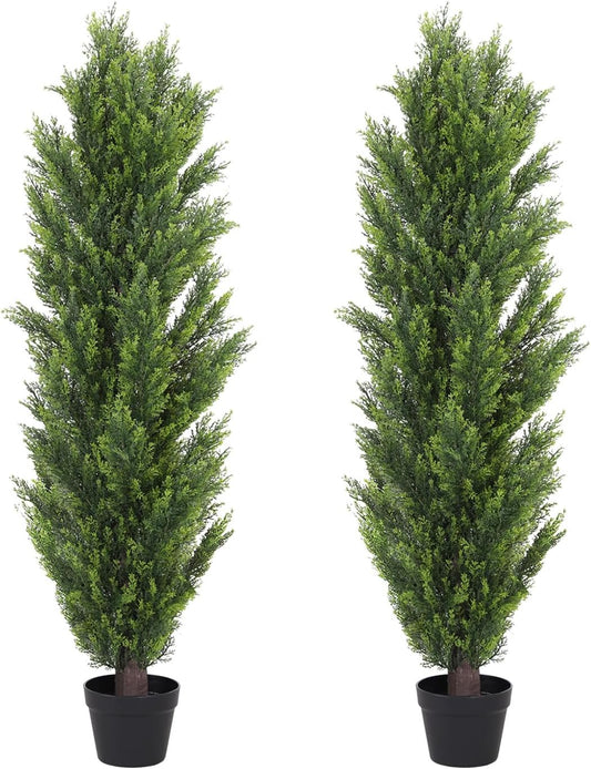 THE BLOOM TIMES 5ft Topiary Trees Artificial Outdoor – UV Resistant Faux Cedar Pine Cypress Bushes and Shrubs, Fake Potted Plants for Front Porch Outside Planter Patio Decor, Set of 2 (5 Foot)
