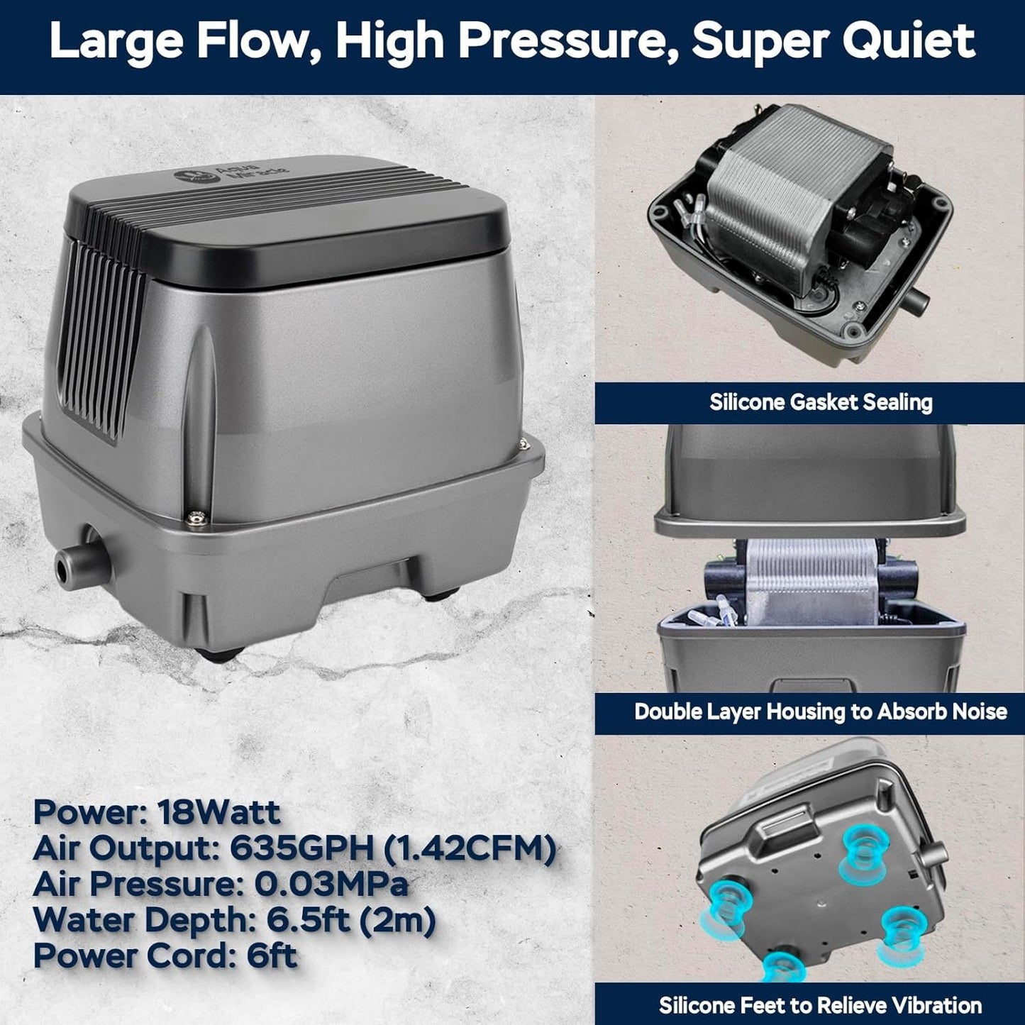 AquaMiracle All-in-1 Koi Pond Aeration Kit Pond Air Pump with Self-Sinking Airline Rubber Air Diffuser, Air Flow Control Pond Aerator for Outdoor Pond 2,000-5,000 Gallons