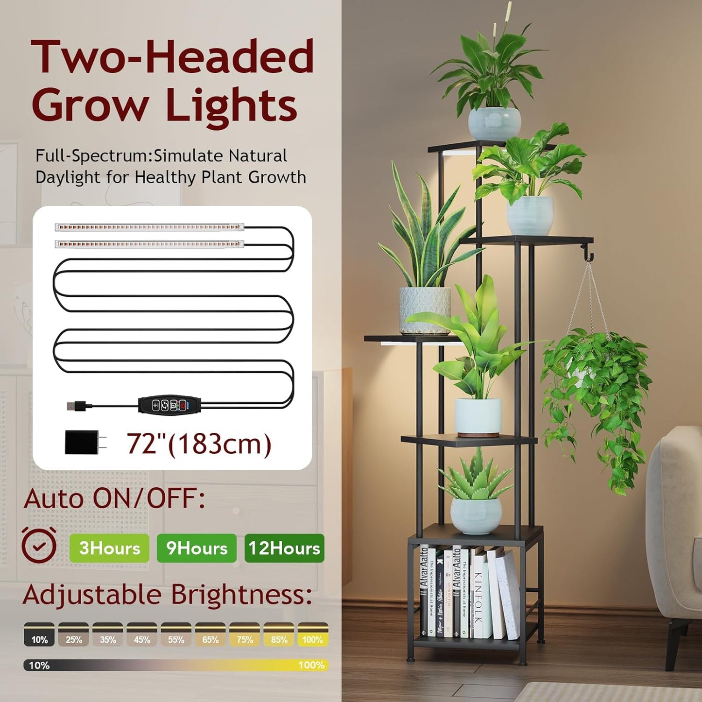 Plant Stand Indoor with Grow Light, 6-Tiered Tall Plant Stand Indoor, Metal Plant Shelf with Hanging Basket Hook and Adjustable Light, Ideal for Living Room, Garden, Patio, Black
