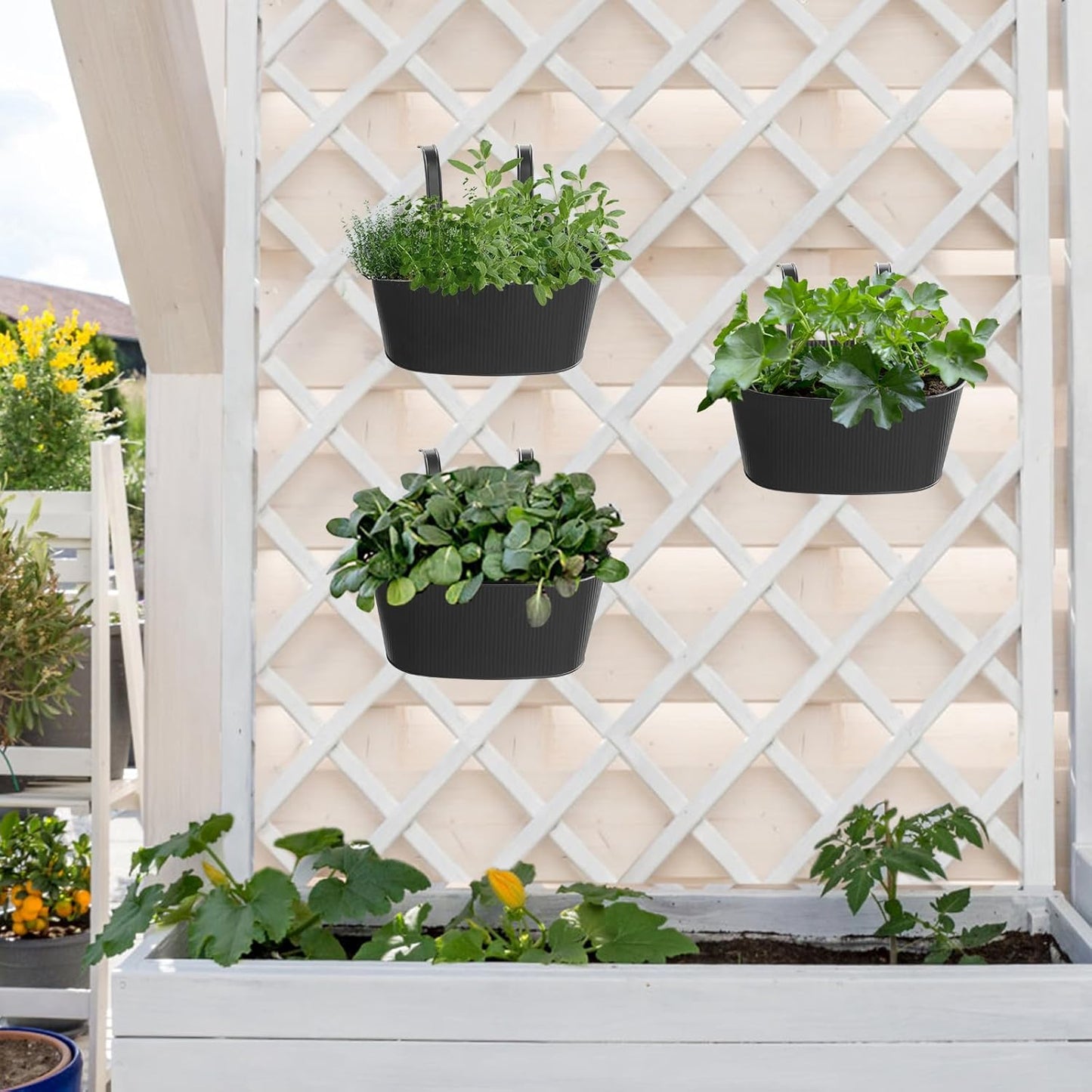 Mkono Metal Railing Planter Box 3 Pack Balcony Hanging Planter for Outdoor Plants with Detachable Hooks and Drain Holes Fence Planters for Any Balcony, Porch or Deck (3, Small)