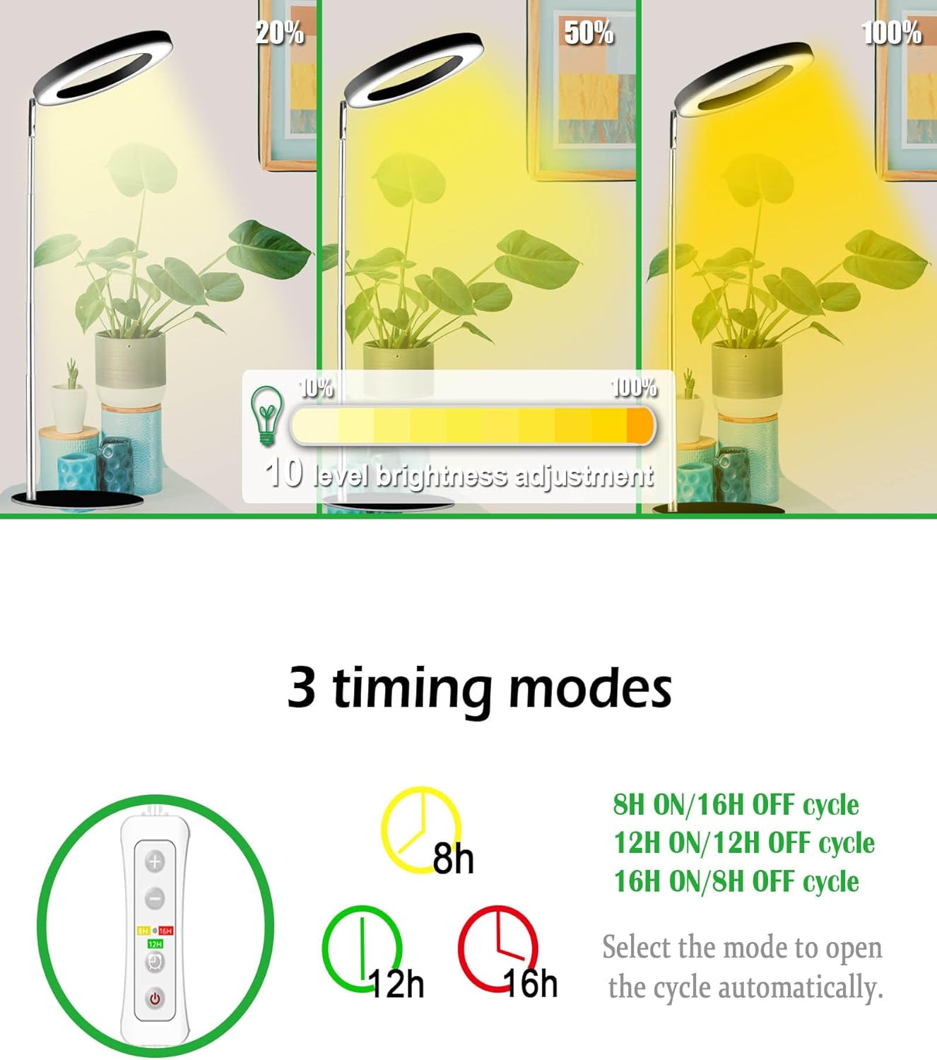 yadoker 72 LEDs Full Spectrum Plant Grow Light for Indoor Plants，Height Adjustable, 6.3" Aluminum Housing,Automatic Timer with 8/12/16 Hours,10-Level Brightness,Ideal for Small and Medium Plant Grow