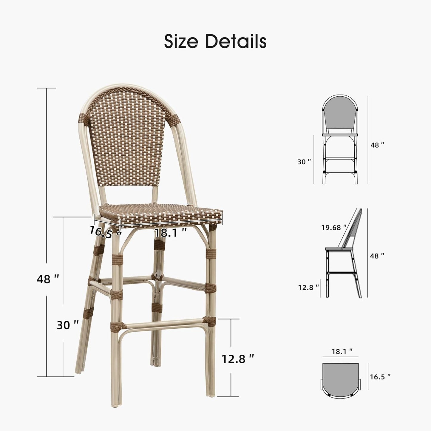 PURPLE LEAF French Bar Stool Set of 2 White Print Finish Patio Bar Stools with Back Rattan Chairs Wicker Bar Height Stool 30" with Footrest Kitchen Island Stools Outdoor Barstool Brown