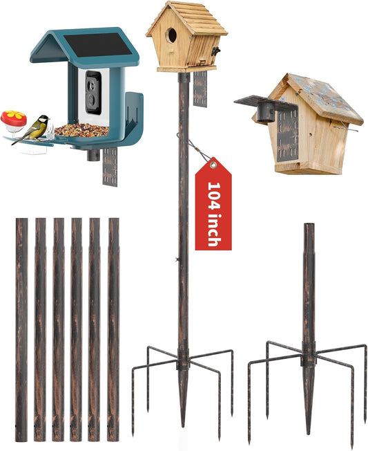 Bird Feeder Pole Stand – 104 Inch Height Feeding Station with 1-Inch Dia Heavy Duty for Hanging Feeders, Bird House Pole Mount Kit for Outdoor, Slip-Fit Connection，Copper Brushed