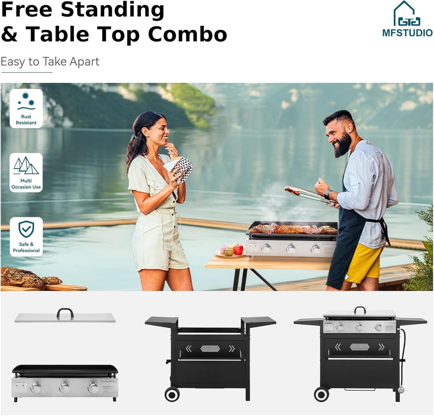 MFSTUDIO 27 Inch Flat Top Propane Gas Griddle Grill, Ceramic Coated Cast Iron Pan, Outdoor Flattop Grill with Lid for Cooking