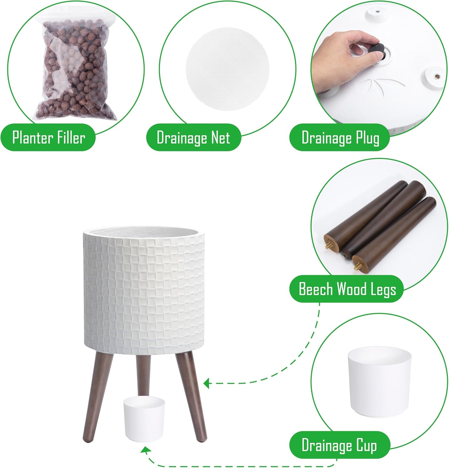 D'vine Dev 10 Inch Modern Geometric Tile Patterned Sleek Planter Pot with Stand, Indoor Outdoor Decorative Plant Holder, Matte White, 88-Z-B-1