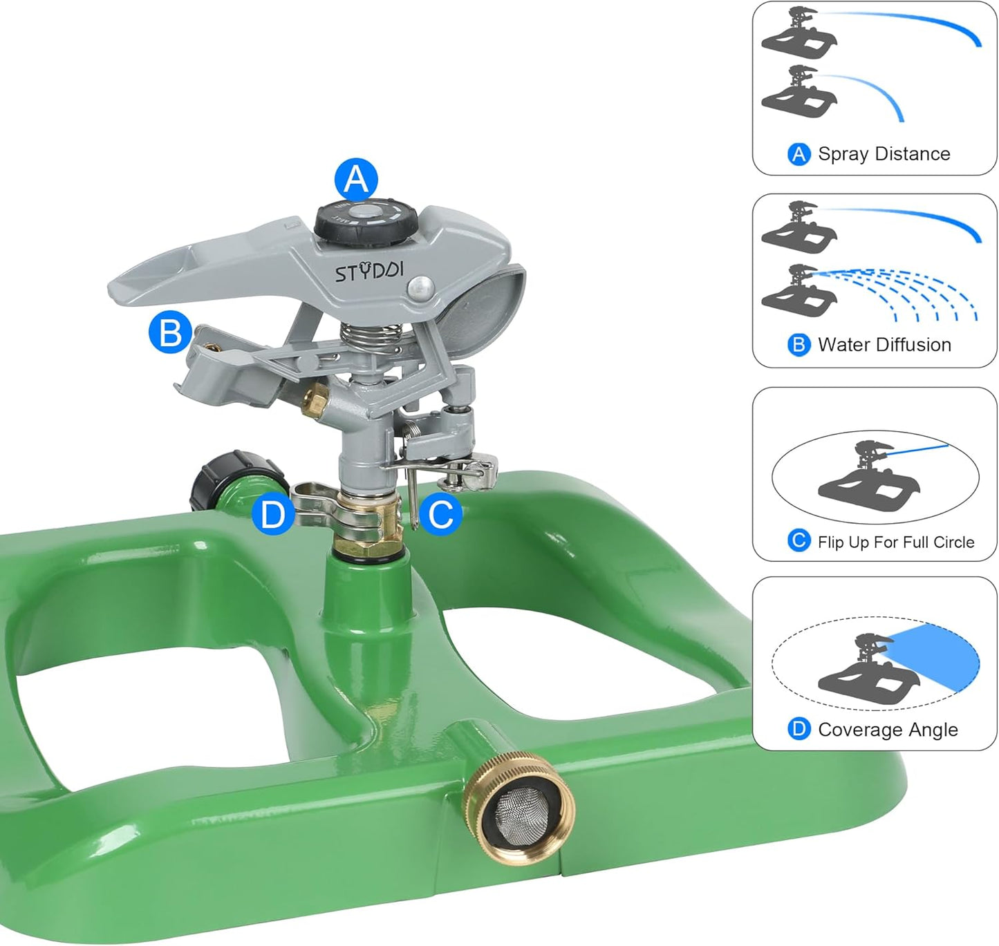 STYDDI Deluxe Pulsating Impact Sprinkler with Heavy Duty Metal Base, Pro Metal Adjustable Circular Water Sprinkler for Medium to Large Lawn, Yard, Garden and Large Areas, Coverage up to 6,360 Sq. ft