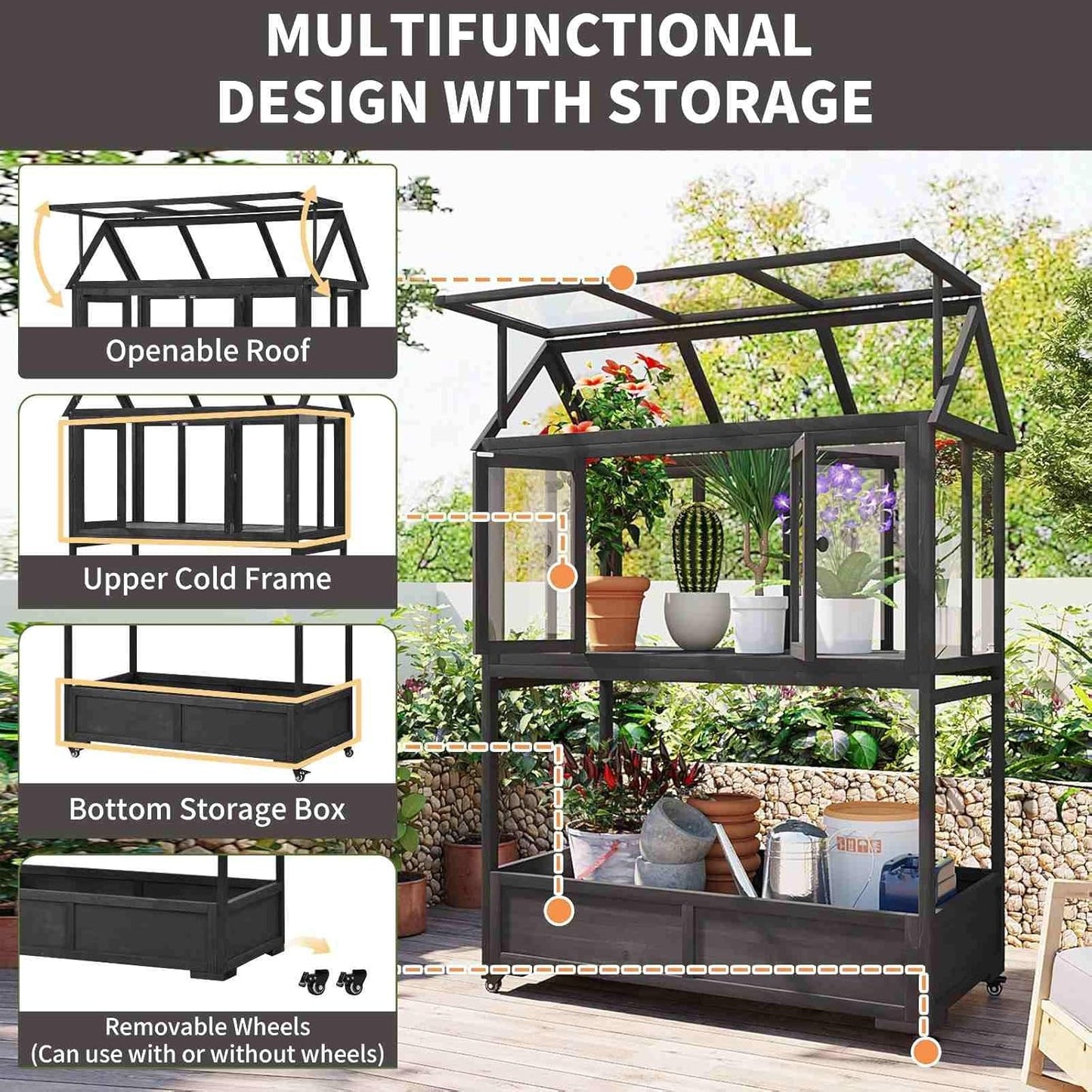 Wooden Cold Frame Greenhouse with Wheels, Portable Fir Garden Plant House with Storage Box, Openable Roof for Seedlings, Herbs, Winter Crops, Perfect for Patio, Balcony, Garden