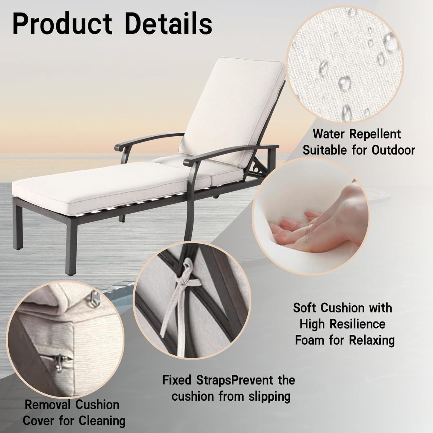 Outdoor Chaise Lounge with 5-Level Adjustable Backrest Set of 2, Durable Aluminum Patio Chair with Waterproof Cushion & Wheels for Garden, Poolside, Beige