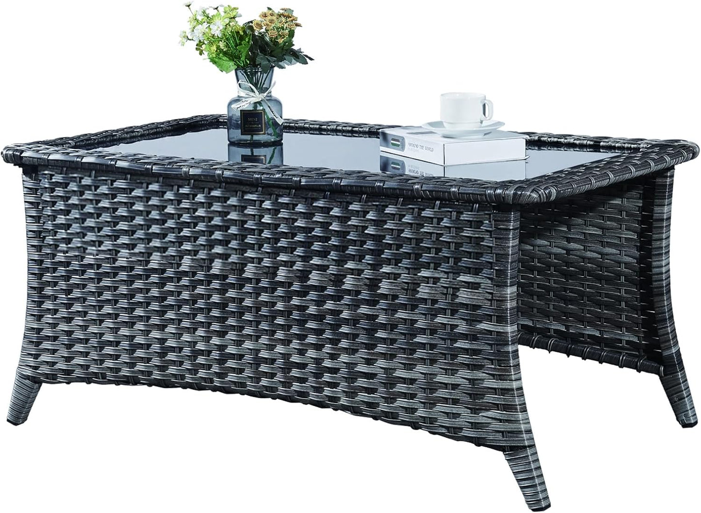 Patio Tables Wicker Coffee Table - Outdoor Rattan Coffee Tables with Glass Top for Patio Proch Deck Balcony Rectangle Mixed Grey