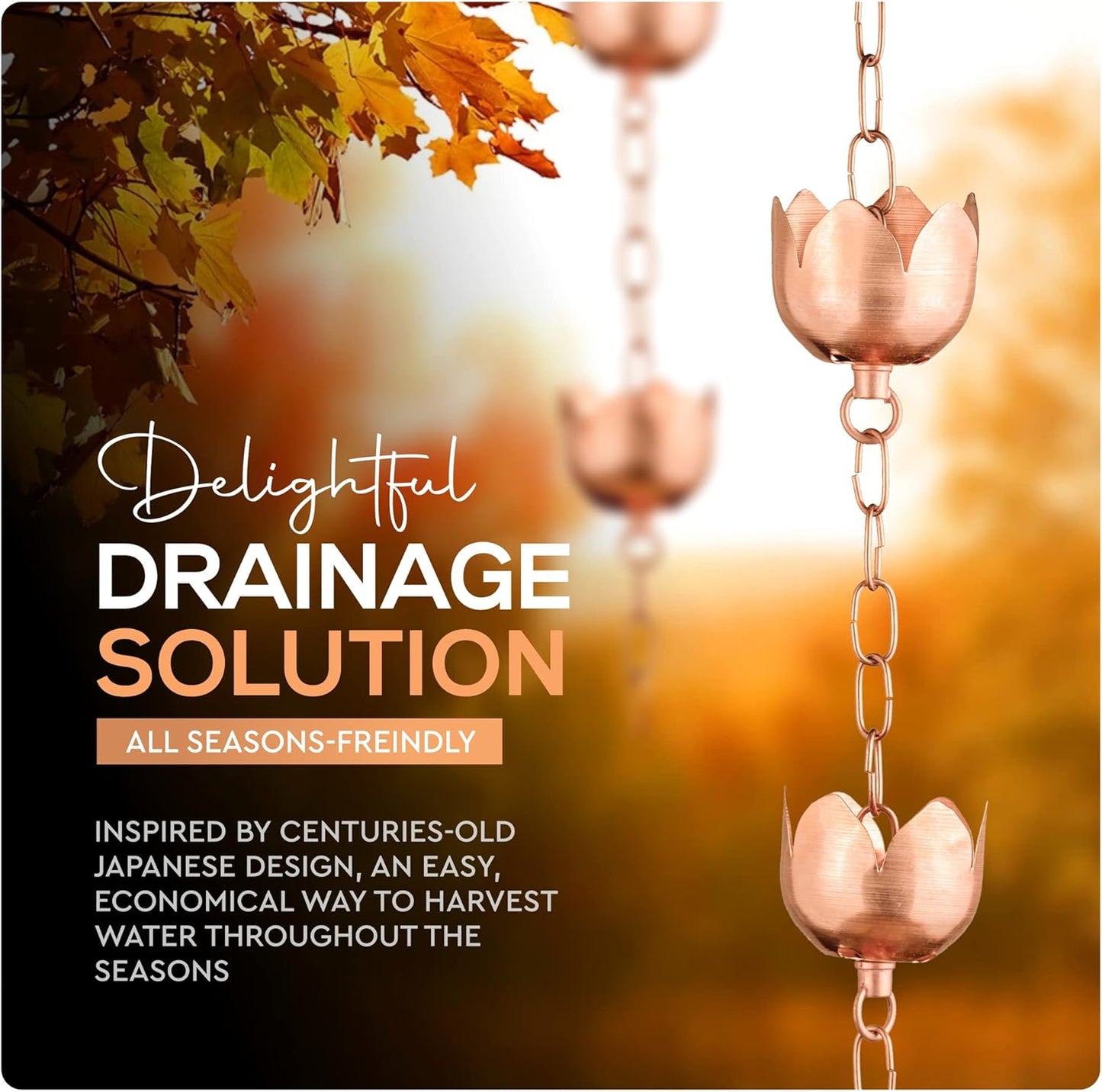 Copper Rain Chain – Decorative Chimes & Cups Replace Gutter Downspout & Divert Water Away from Home for Stunning Fountain Display – 3’ Long for Universal Fit – Flower Style