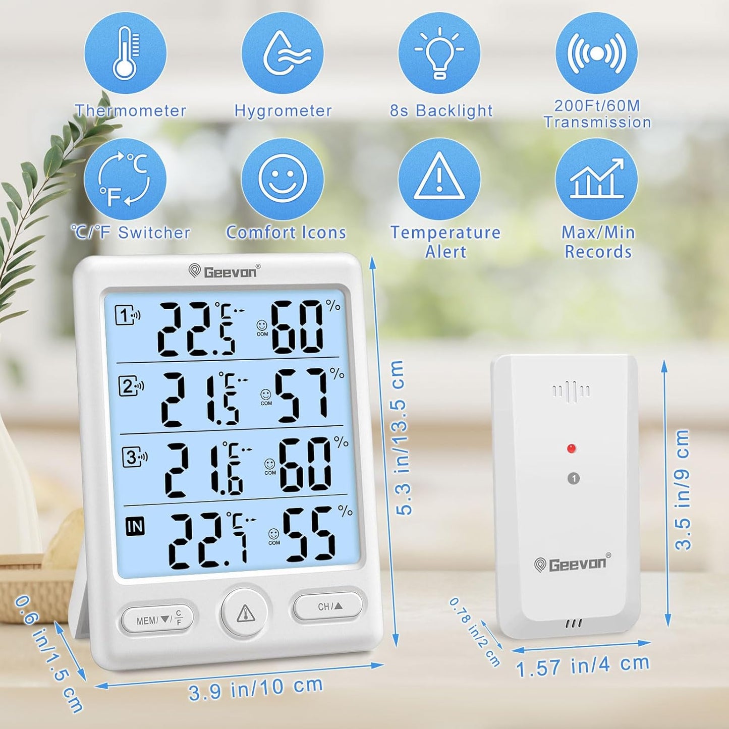Geevon Indoor Outdoor Thermometer Wireless, 5-Inch Display Digital Hygrometer Thermometer Temperature Humidity Monitor with 3 Remote Sensors and Backlight, Battery-Powered(White)