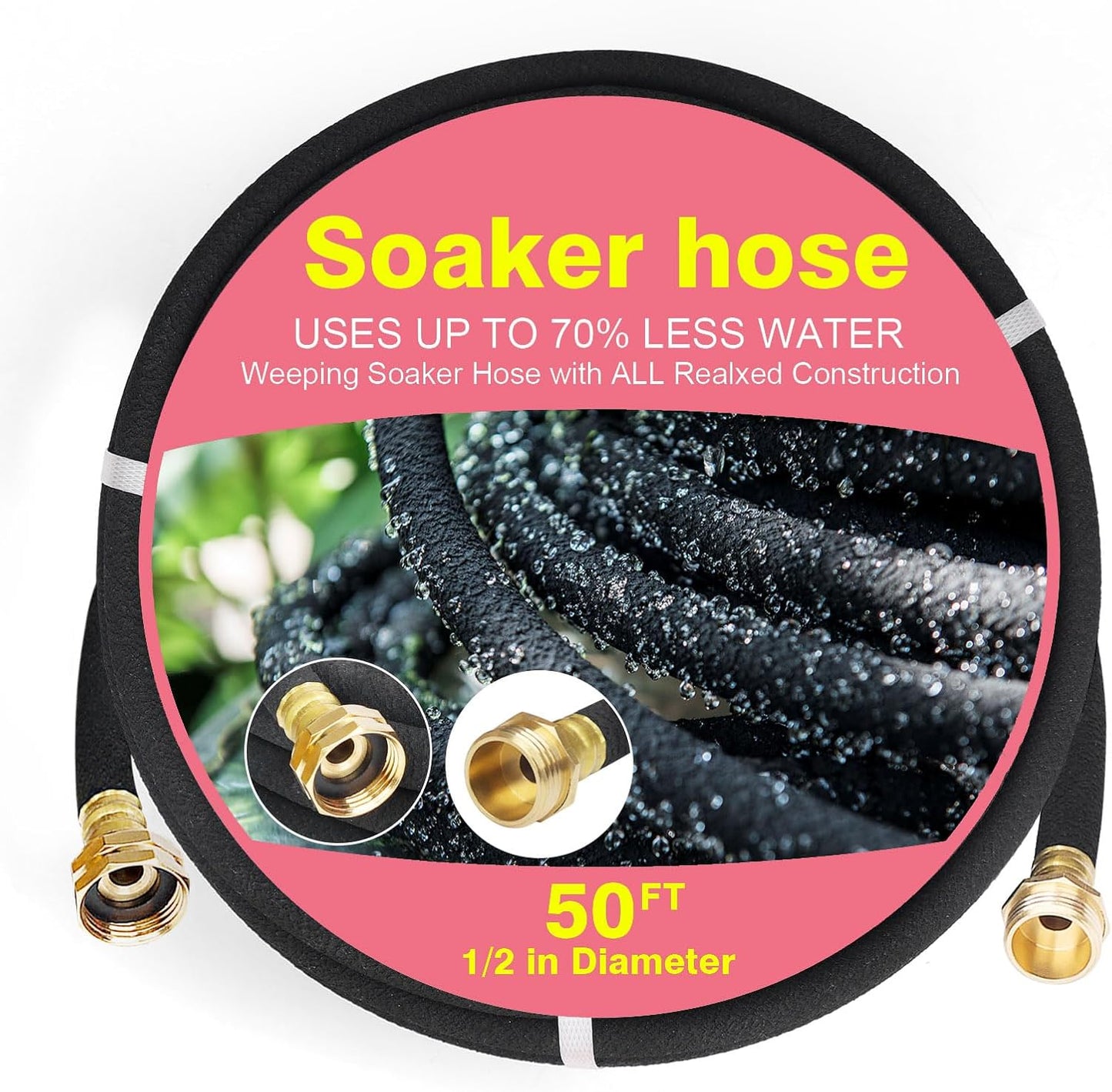 Soaker Hose 50 FT Pro for Garden Beds 1/2 Inch Rubber Longer Lasting Drip Irrigation Save 70% of Water Various Accessories Great for Lawn and Yard