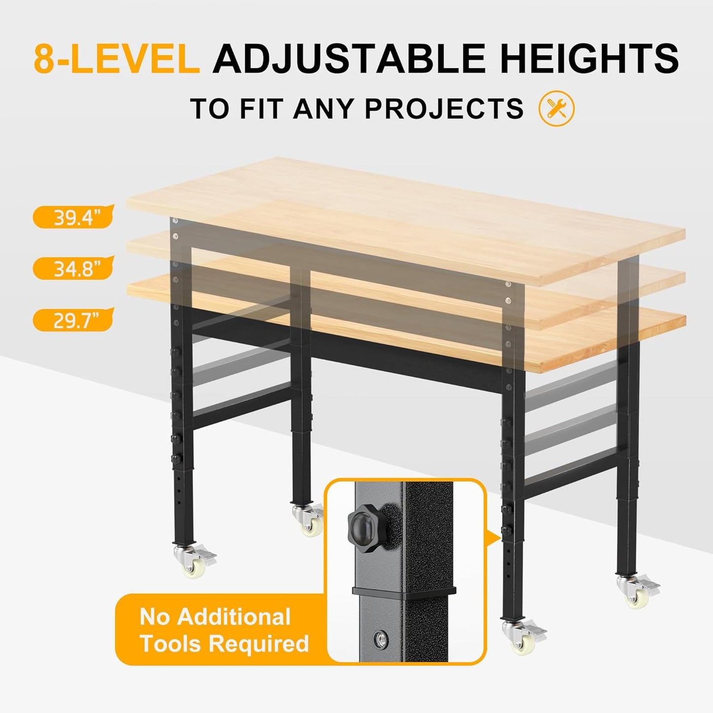 48’’ Work Bench Adjustable Workbench Heavy Duty Work Table with Wheels, 2000 Lbs Capacity Hardwood Work Benches for Garage, Workshop, Office, Home