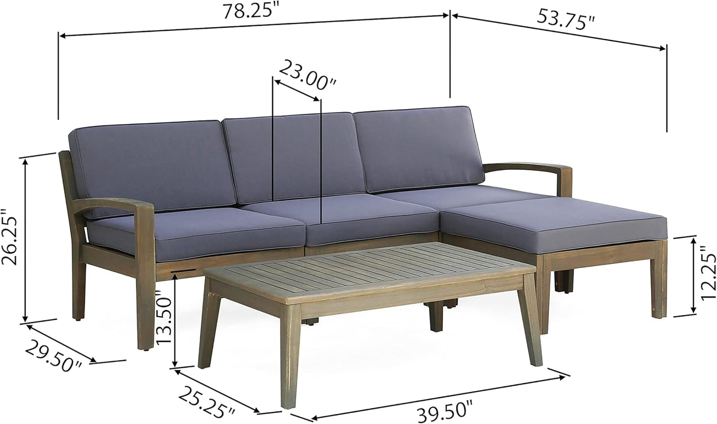 5 Piece Acacia Wood Patio Furniture Set, L-Shape Outdoor Furniture Set with Coffee Table and Ottoman, Conversation Set for Garden, Poolside, Backyard (Grey/18)