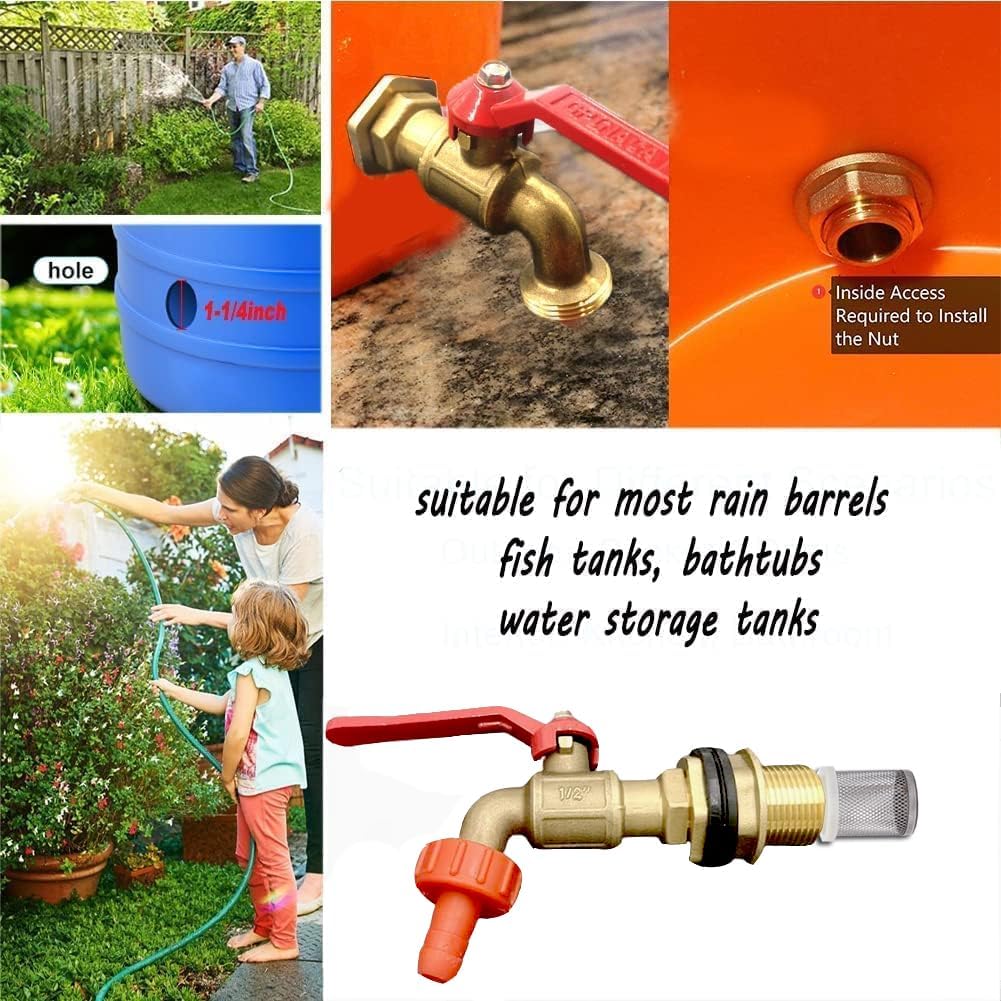 Rain Barrel Spigot, Brass Faucet Kit for Rain Water Barrel, Water Tanks, Tubs, Pools Etc, Turn Ball Valve Rain Barrel Spigot with Bulkhead Fitting Set, Hose Adapter, Filter Mesh and Tape