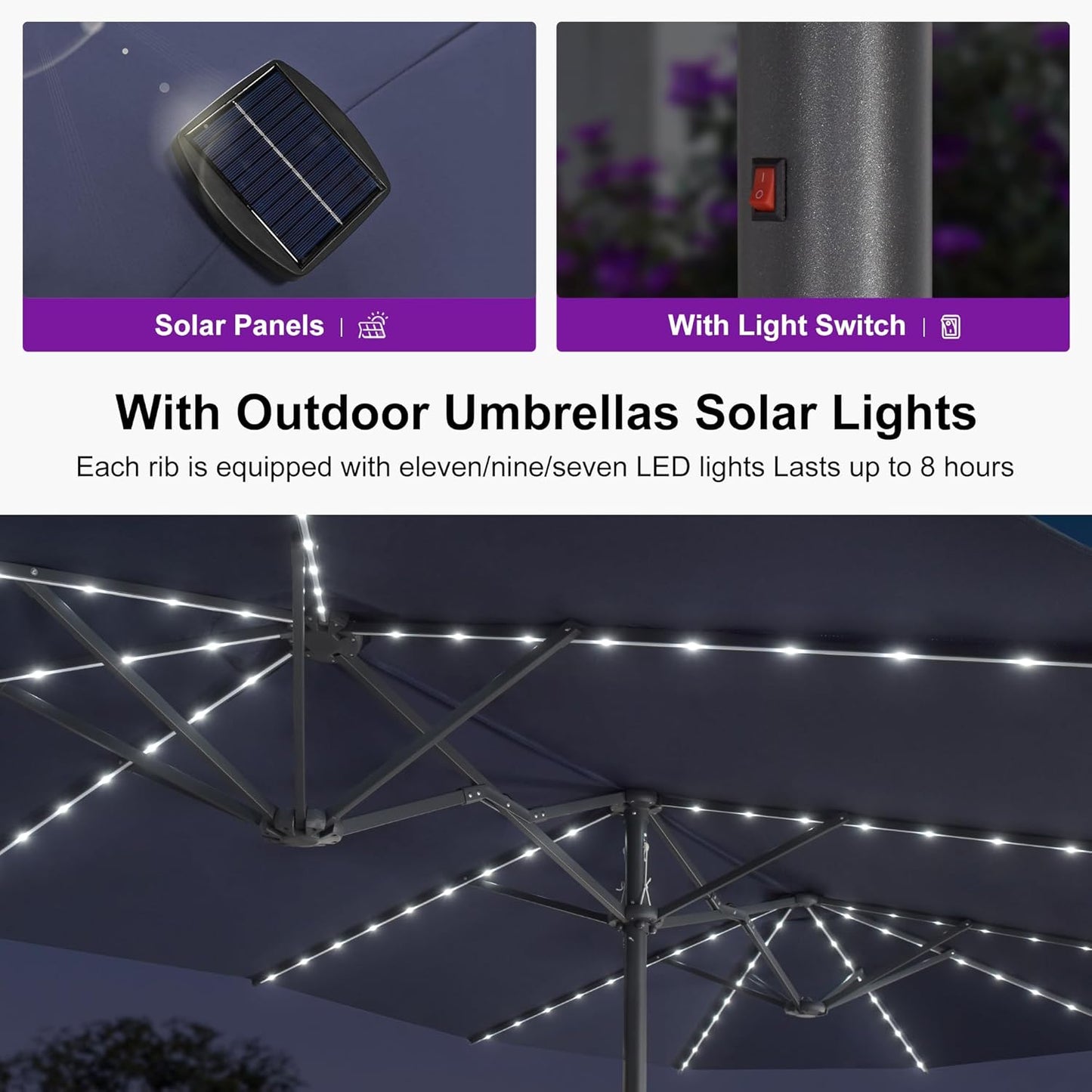 PURPLE LEAF 13ft Double-Side Patio Umbrella with Solar Lights Outdoor Market Umbrella with Base and Crank Handle Table Umbrella for Backyard Pool Garden Deck, Navy blue