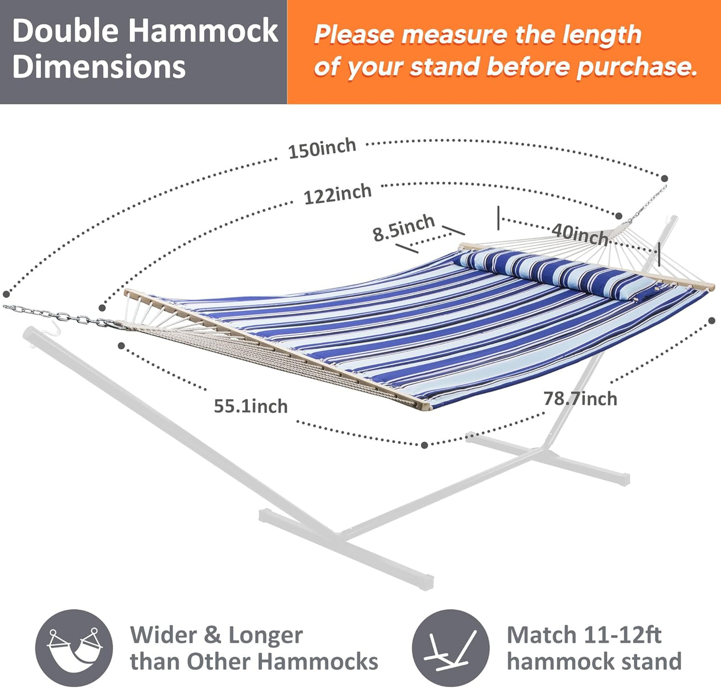 SUNCREAT Hammocks Quilted Fabric Hammock, Double Hammock with Spreader Bar, Soft Pillow, Max 475lbs Capacity, Blue Stripes