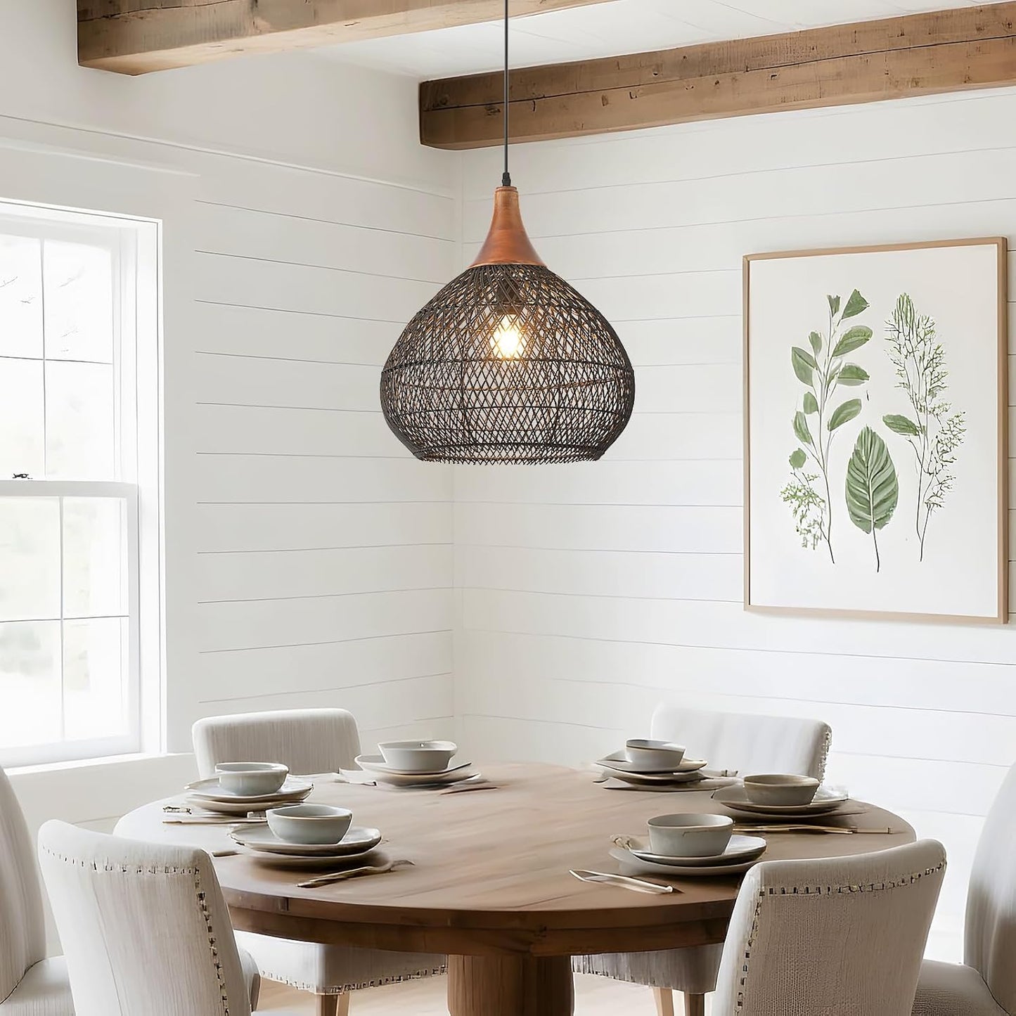Black Rattan Pendant Light, 15.7" Rattan Chandelier Hand-Woven Wicker Pendant Light Fixtures with Solid Wood, Basket Hanging Lighting for Dining Room Kitchen Island Living Room