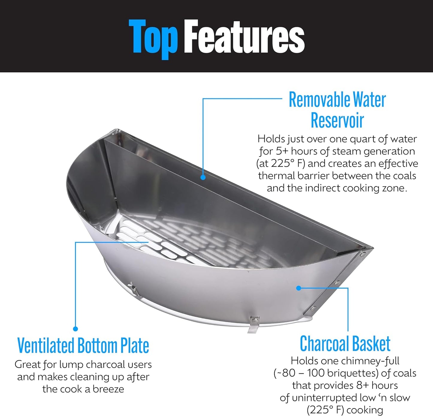 SnS Grills Patented Slow ‘N Sear® Deluxe Insert - Stainless Steel Charcoal Basket with Removeable Water Reservoir for Low ‘N Slow Smoking & Charcoal Grilling on Weber & Other Kettle Grills - 22 in