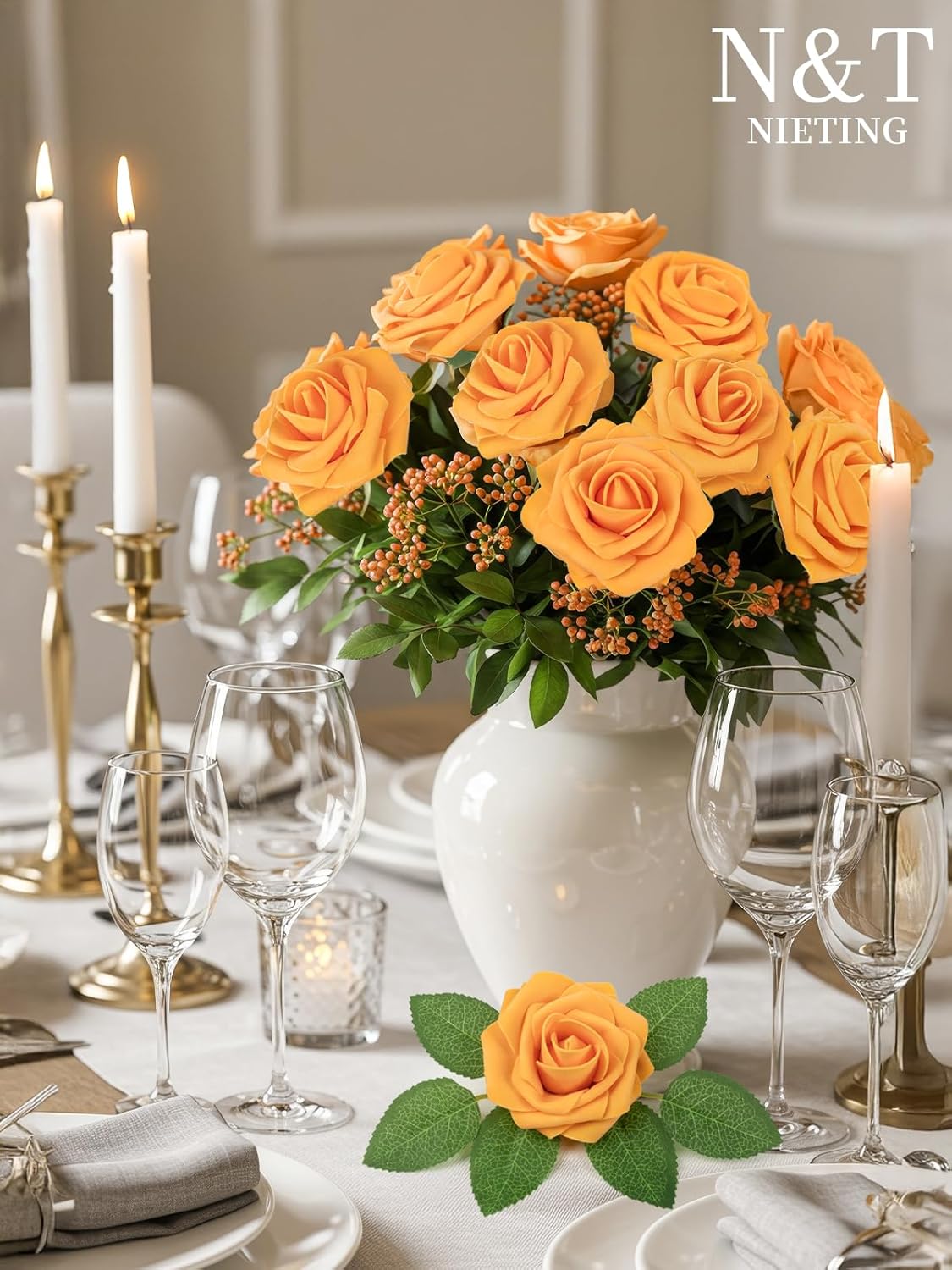 N&T NIETING Artificial Flowers, Fake Flowers Orange Roses Perfect for DIY Wedding Bridal Bouquets Centerpieces Bridal Shower Party Home Flower Arrangement Decorations, 25Pcs