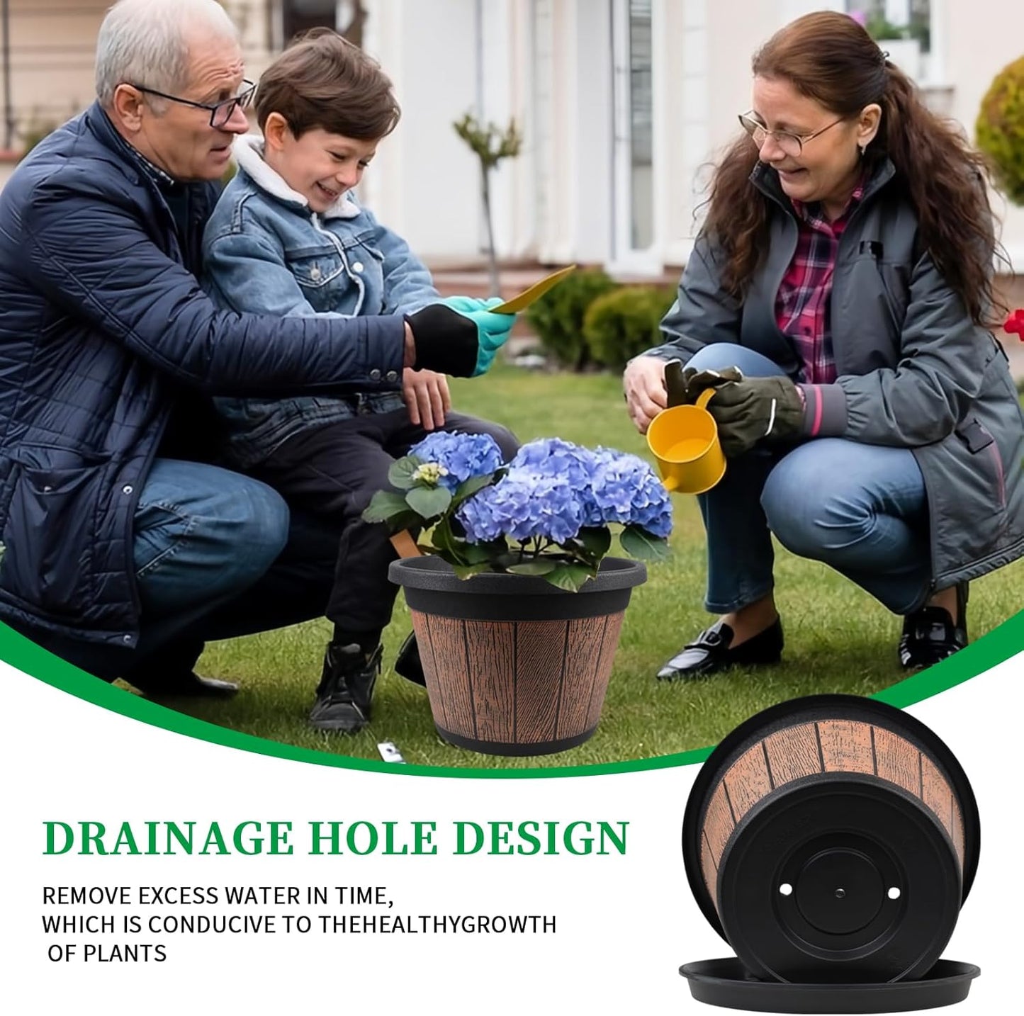 Quarut 4 Pack 12 inch Plant Pots,Whiskey Barrel Planters with Drainage Holes & Saucer,Plastic Decoration Flower Pots Retro Design,Planters for Outdoor Indoor Garden Home Plants (Brown)