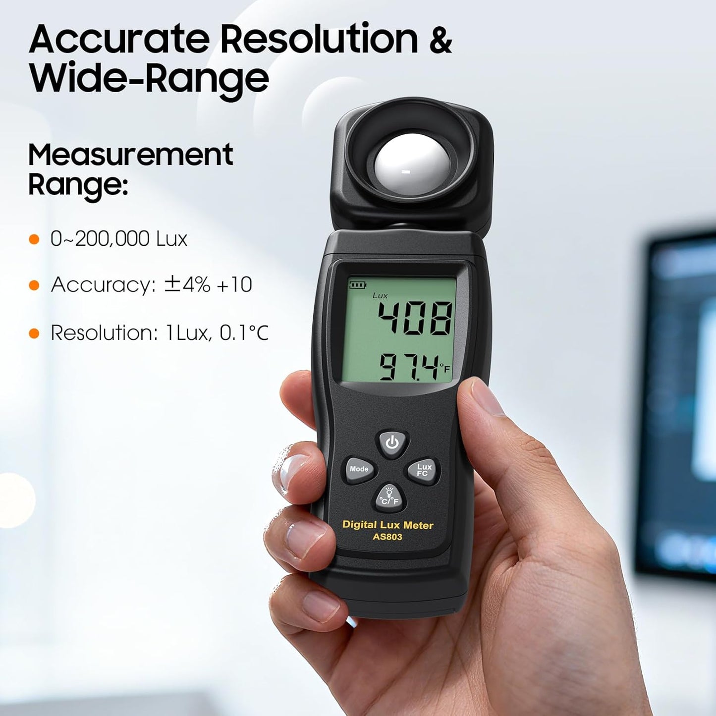 Digital Illuminance Lux Meter, 0~200,000 Lux Range with 180º Rotating Sensor Light Meter Foot Candles, Backlight LCD Display, Handheld Light Meter for Plants, Photography, Indoor, Film Camera