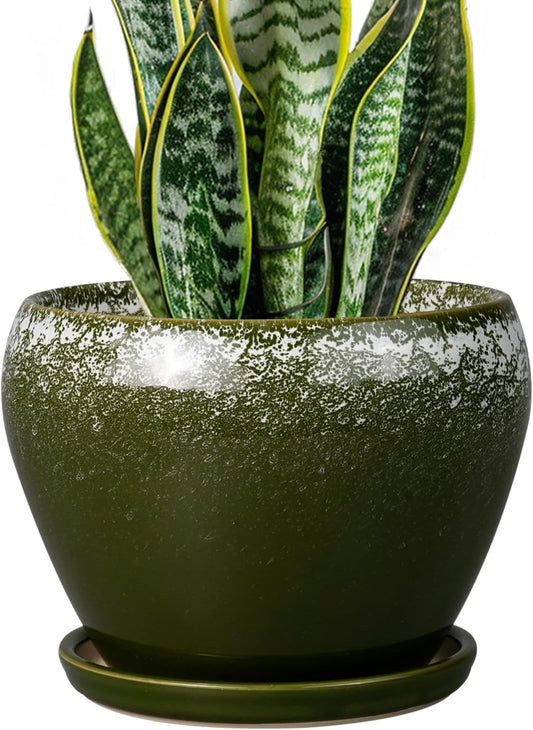 8 Inch Plant Pot - Ceramic Planter with Drainage Hole and Saucer, Modern Flower Pot for Glazed Indoor Plants Outdoor, Dark Green