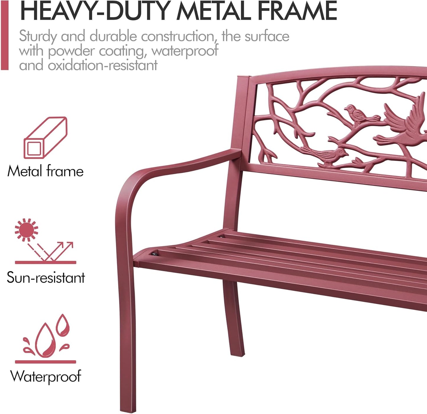 Yaheetech Outdoor Garden Bench Patio Furniture Chair Outdoor with Vintage Bird Pattern Backrest, Slatted Seat, Antique Metal Bench for Yard & Porch & Park, Red
