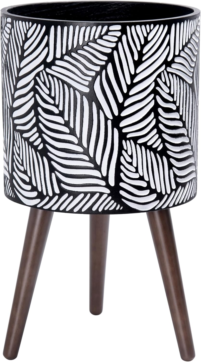 D'vine Dev 12 Inch Planter Pot with Stand, Mid-Century Tall Plant Pot with Legs for Indoor Plants, Large, White/Grey, 88-L-C-7