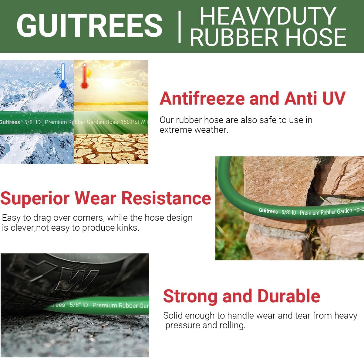 100FT 5/8 Heavy Duty Rubber Garden Hose - 200psi Working, 1000psi Burst - Hot/Cold Water - Five-Layered Braiding for Durability - Versatile for Gardening, Agriculture, Construction(Green)