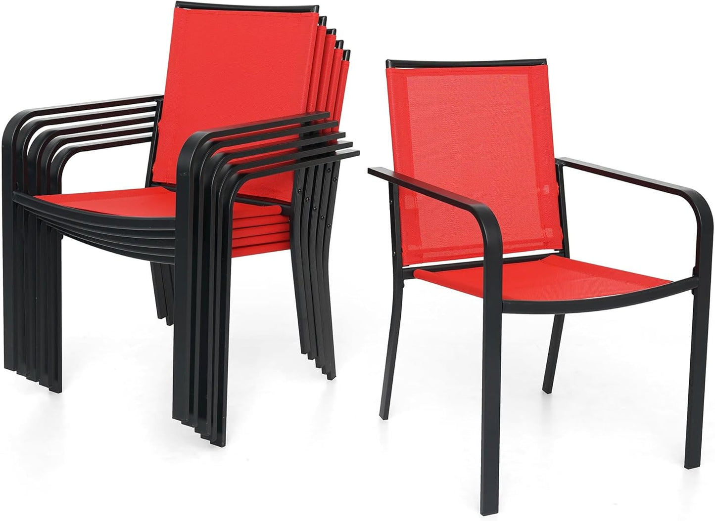 7-Piece Outdoor Dining Set, 48'' Round Table with 6 Stackable Chairs All Weather Furniture Set - Cherry