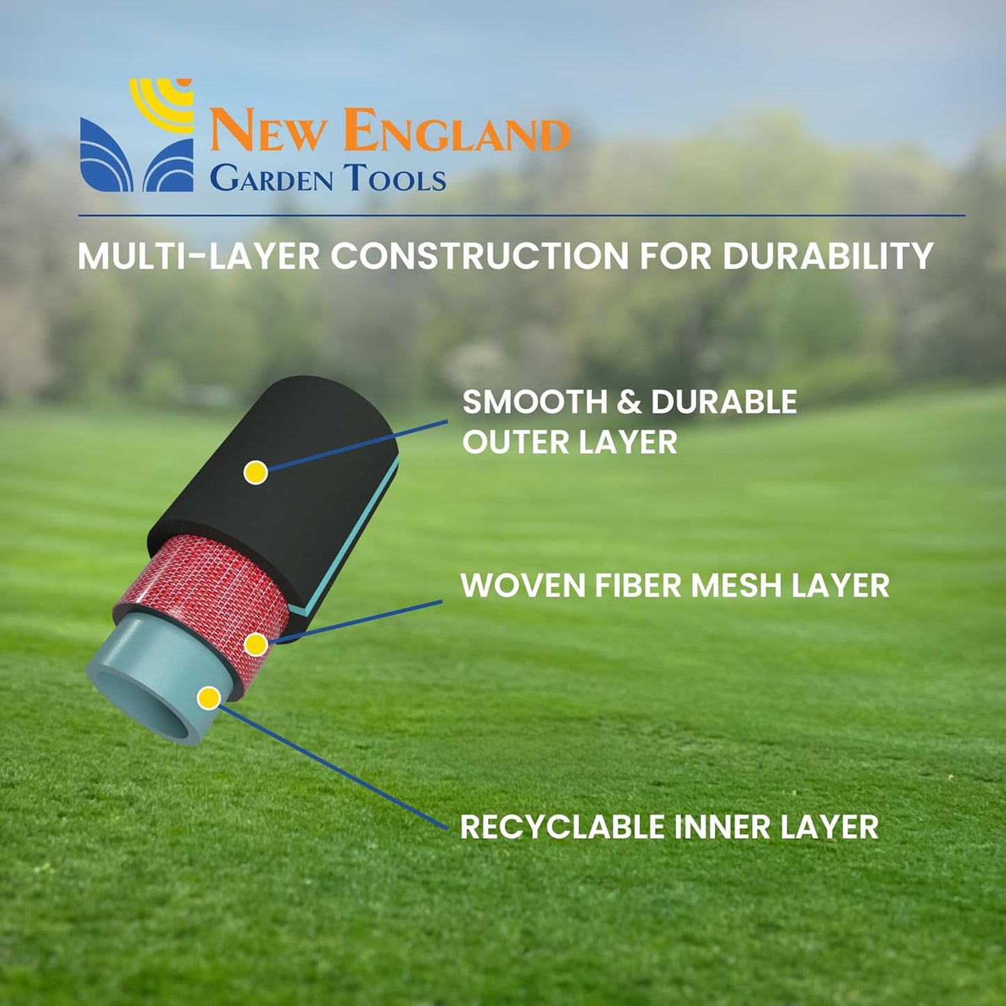 Hybrid Garden Water Hose 75 ft x 5/8”, Durable Heavy Duty Material, Kink-Free with Swivel Grips and Anodized Couplings, 700006 by New England Garden Tools