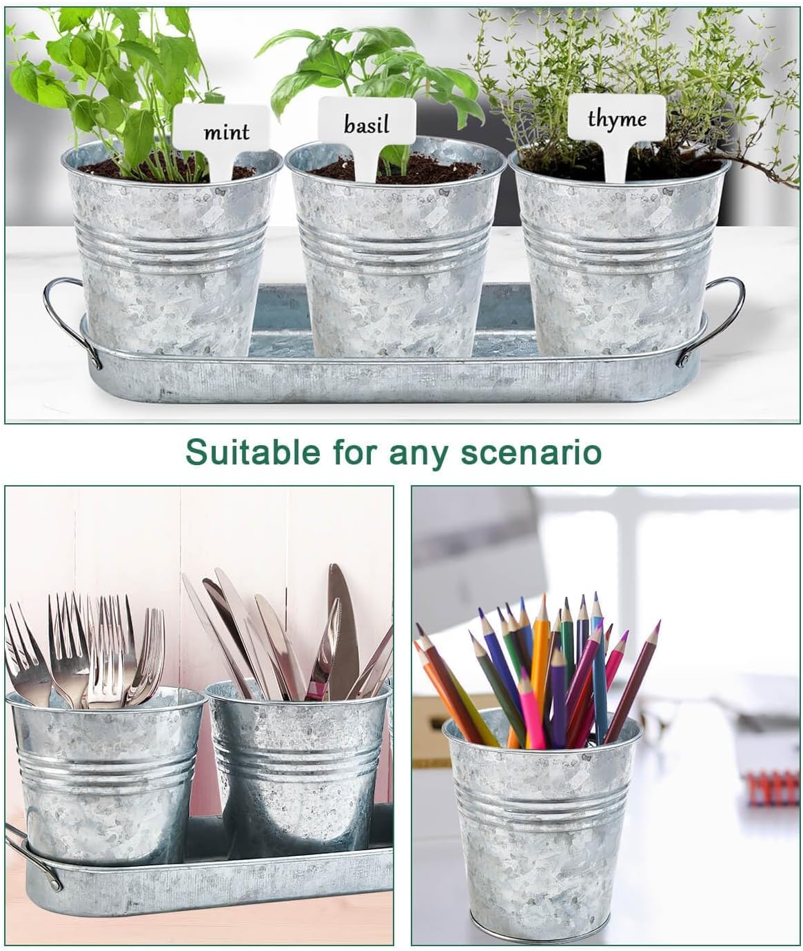 vensovo Indoor Herb Planter Set - Galvanized Windowsill Garden Pots with Tray & Drainage, Set of 3 Metal Window Planters for Kitchen & Outdoor Use, Silver
