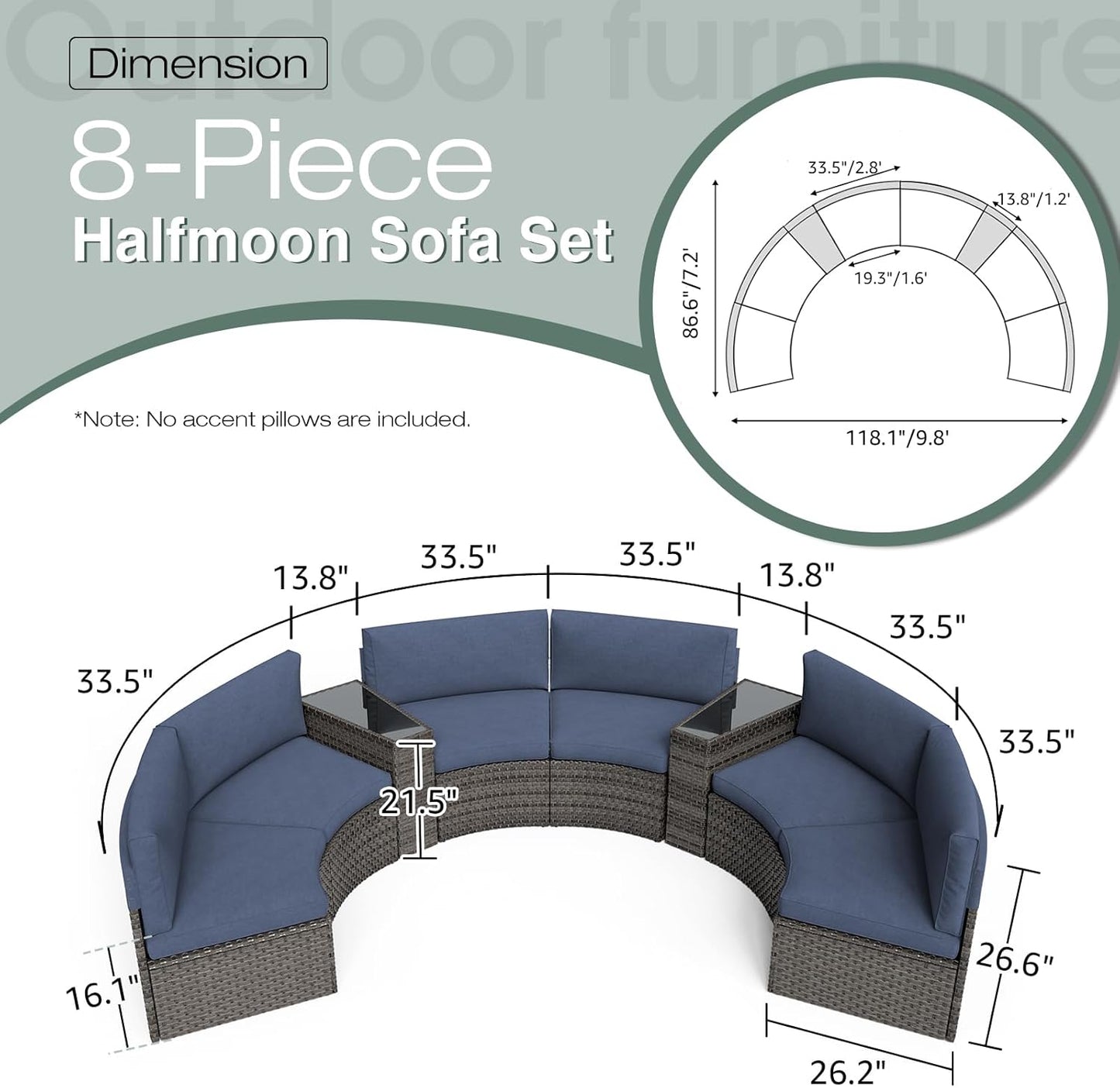 SUNSITT Outdoor Patio 8-Piece Half Moon Curved Furniture Sofa Set Grey Wicker Sectional Sofa Denim Blue Cushions with 2 Side Table