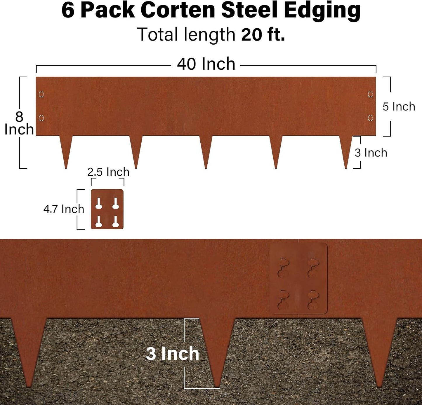 Heavy-Duty Cor-Ten Steel Landscape Edging (8" H x 40" L) - 6-Pack (20 Ft Total) | Pre-Rusted, Weatherproof Garden Border | Hammer-in, No Dig, Bendable Design for Lawns, Flower Beds & Trees