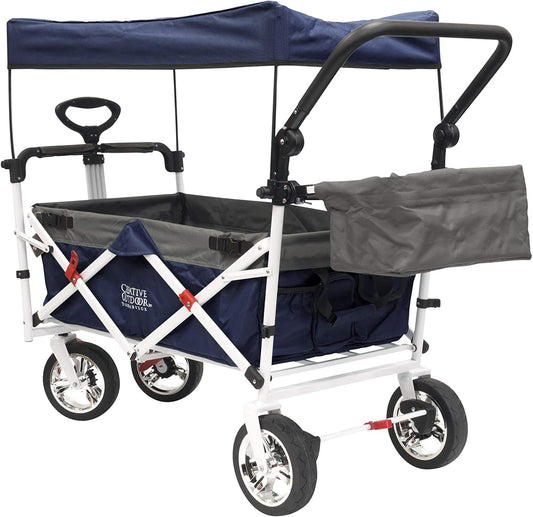 Creative Outdoor Collapsible Stroller Wagon with Seat Belts & Adjustable Handle – Foldable Utility Cart with Removable Canopy for Kids, Gear & Travel – Ideal for Beach, Park & Outdoor Fun - Navy Blue