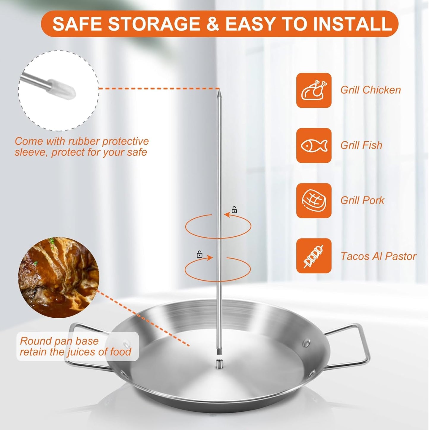 Al Pastor Skewer for Grill, Stainless Steel Vertical Skewer, Brazilian Vertical Spit with 3 Spikes(8”/10"/12”)& Brushes, for Tacos Al Pastor, Shawarma Kebabs Smoker Oven BBQ Dishes