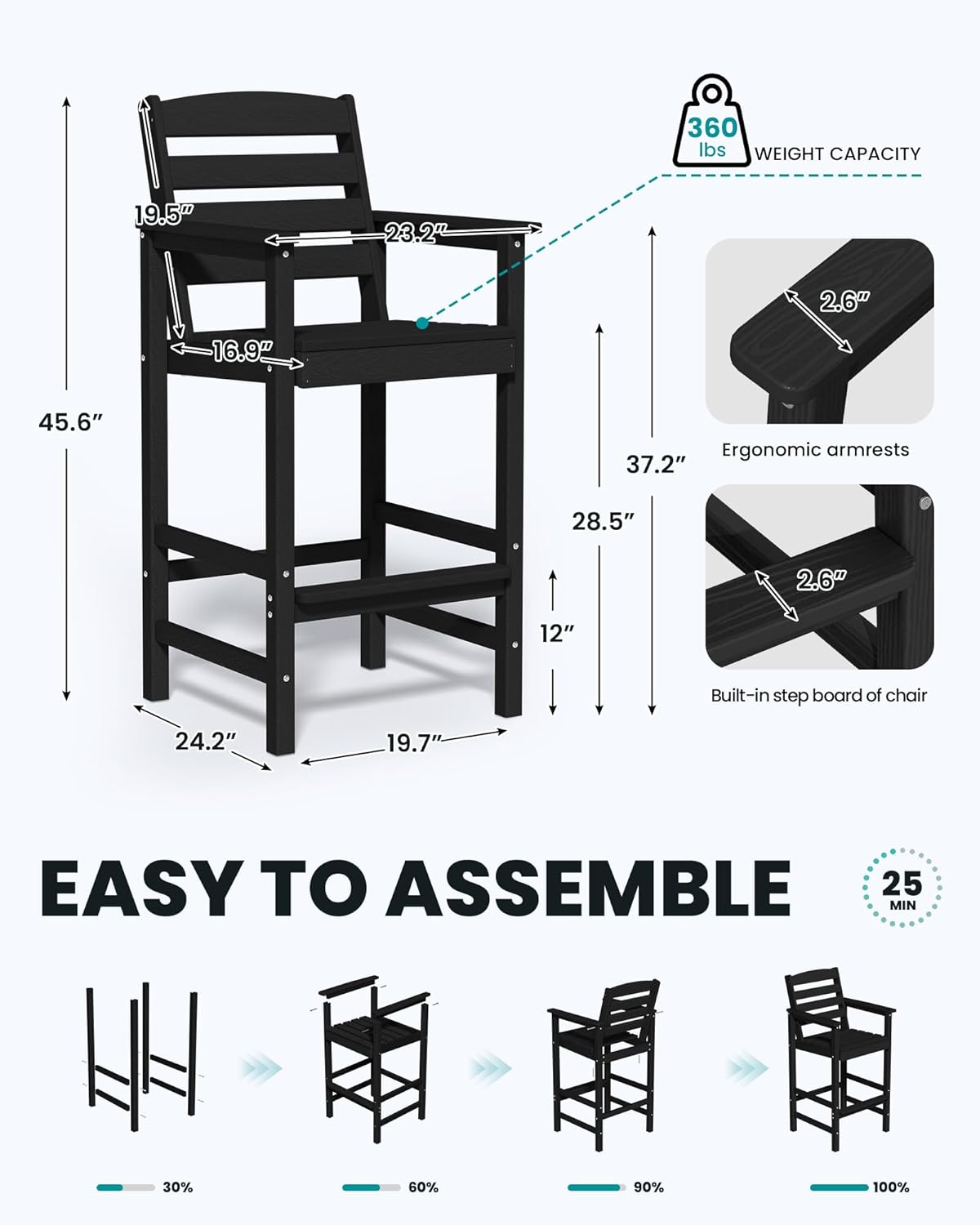 SERWALL Tall Adirondack Chairs Set of 2, Oversize Balcony Adirondack Chairs Set, Outdoor Bar Height Barstools Widened Chair Set for Bistro, Poolside, Garden, Black