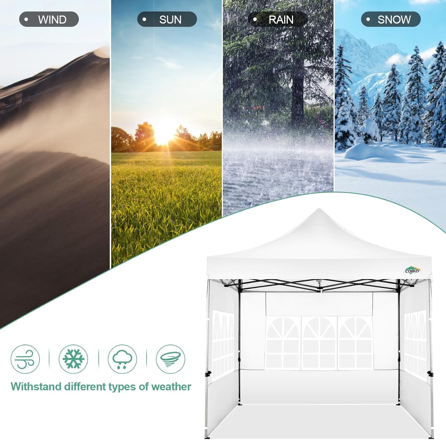 COBIZI 10x10 Pop Up Canopy Tent with 4 sidewalls Commercial Heavy Duty Canopy UPF 50+ All Weather Waterproof Outdoor Canopy Wedding Tents for Parties Gazebo with Roller Bag, White (Windproof Upgraded)