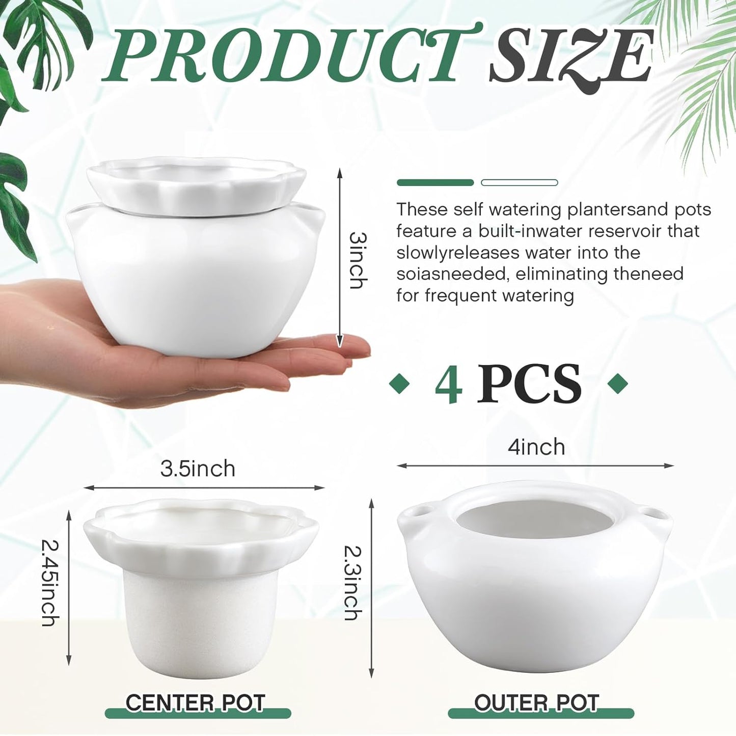 4 Set 4 Inch African Violet Pots Self Watering White Ceramic Planter Highly Absorbent Inner Planter Pot for Indoor Plants Plant Lovers Ideal Plant Pot Thriving Plant Flower Maintenance