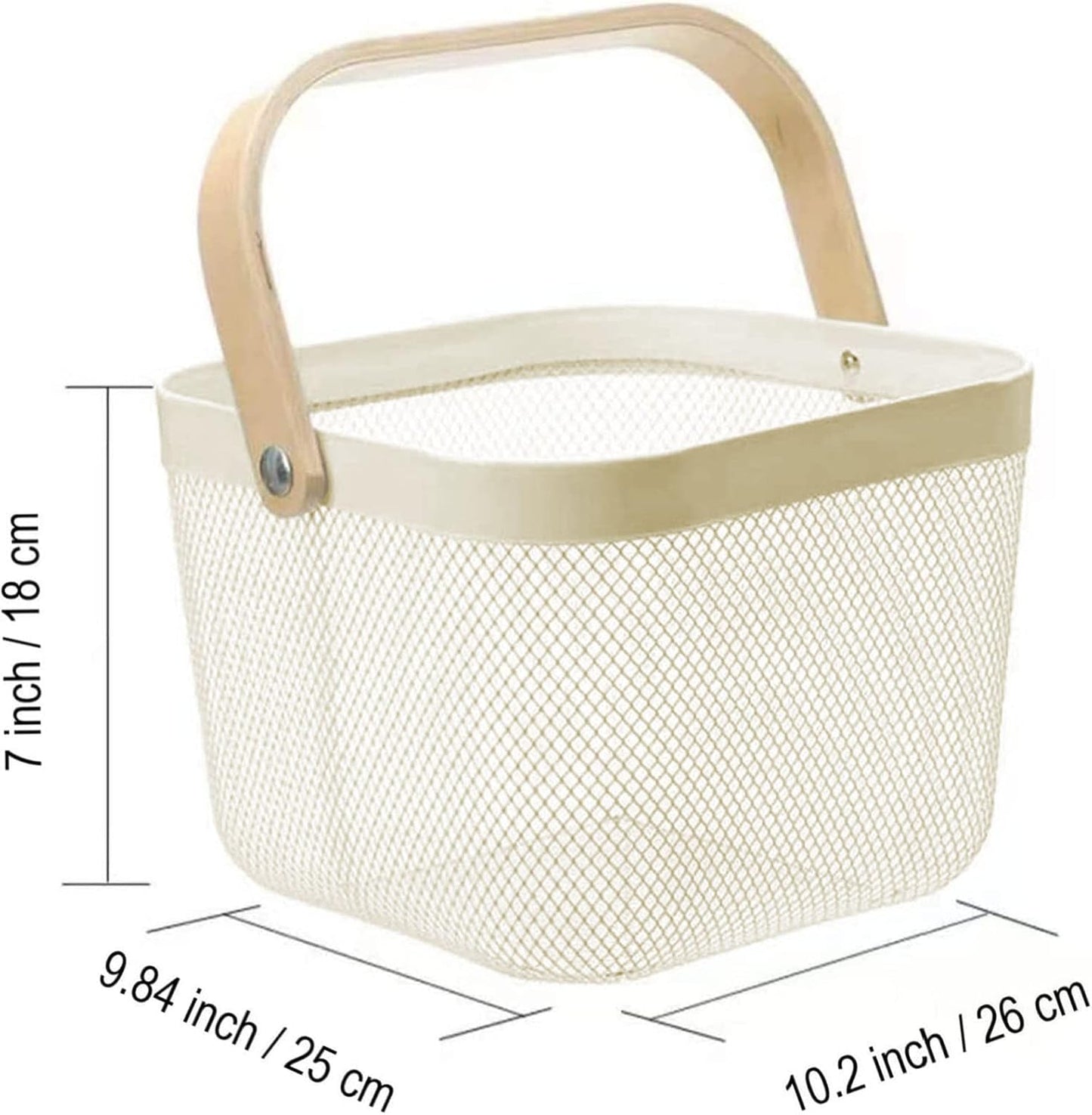 Metal Mesh Steel Basket, Storage Organizer Basket Multi-functional Hanging Kitchen Baskets Fruit Basket Bin with Bamboo Handle for Kitchen Bathroom Picnic Shopping Decor Cabinet Home, Beige