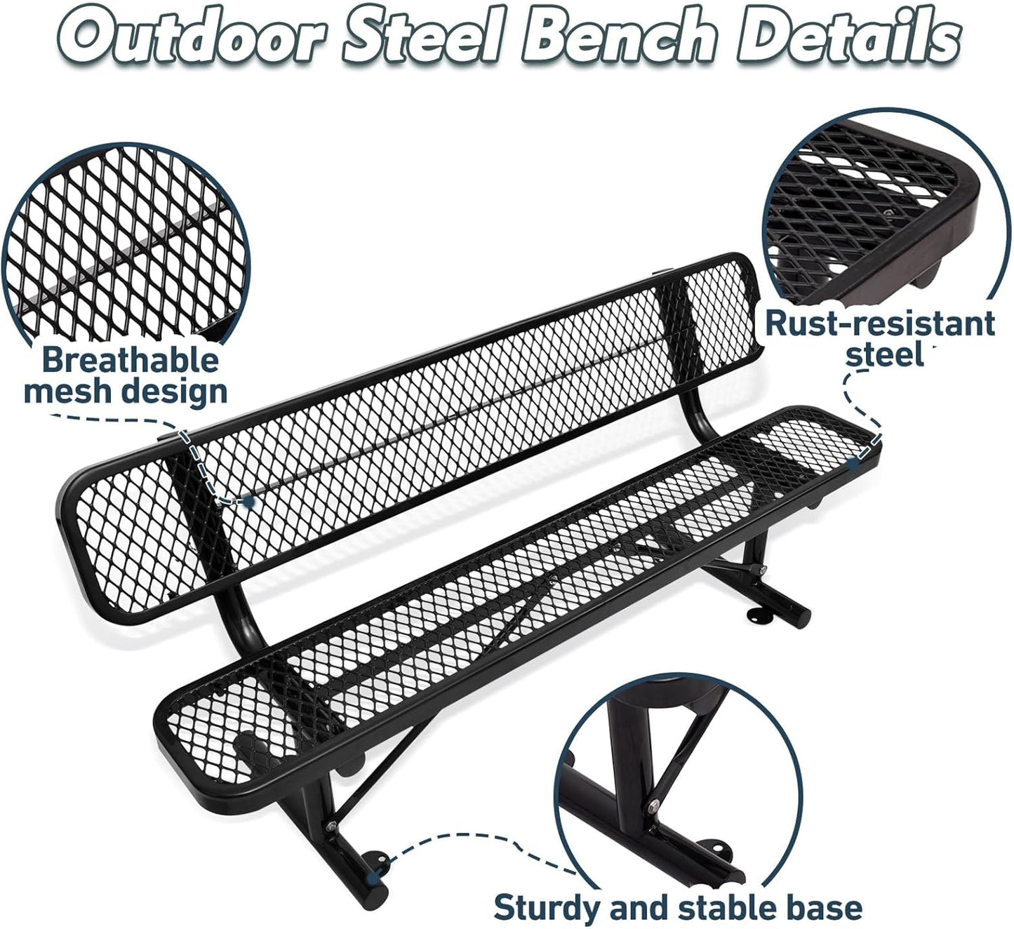 4/6/8 Feet Park Bench for Outside Heavy Duty Metal, Garden Benches Outdoor Bench with Backrest & Portable Frame, for Shopping Malls Stores Parks Patios Decks, Black