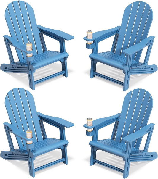 Adirondack Chairs Set of 4, Tool-Free Assembly All-Weather Plastic Adirondack Chairs, HDPE Fire Pit Chairs with Cup Holder, Outdoor Chair for Patio Garden (Blue)