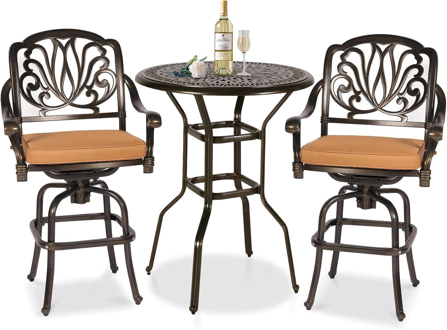 3 Pieces Patio Swivel Bar Set, Patio High Top Bar Table and Chairs Set, All-Weather Cast Aluminum High Swivel Bar Stools Chair Set of 2 and 35.4" Table, Patio Bistro Set for Garden,Balcony