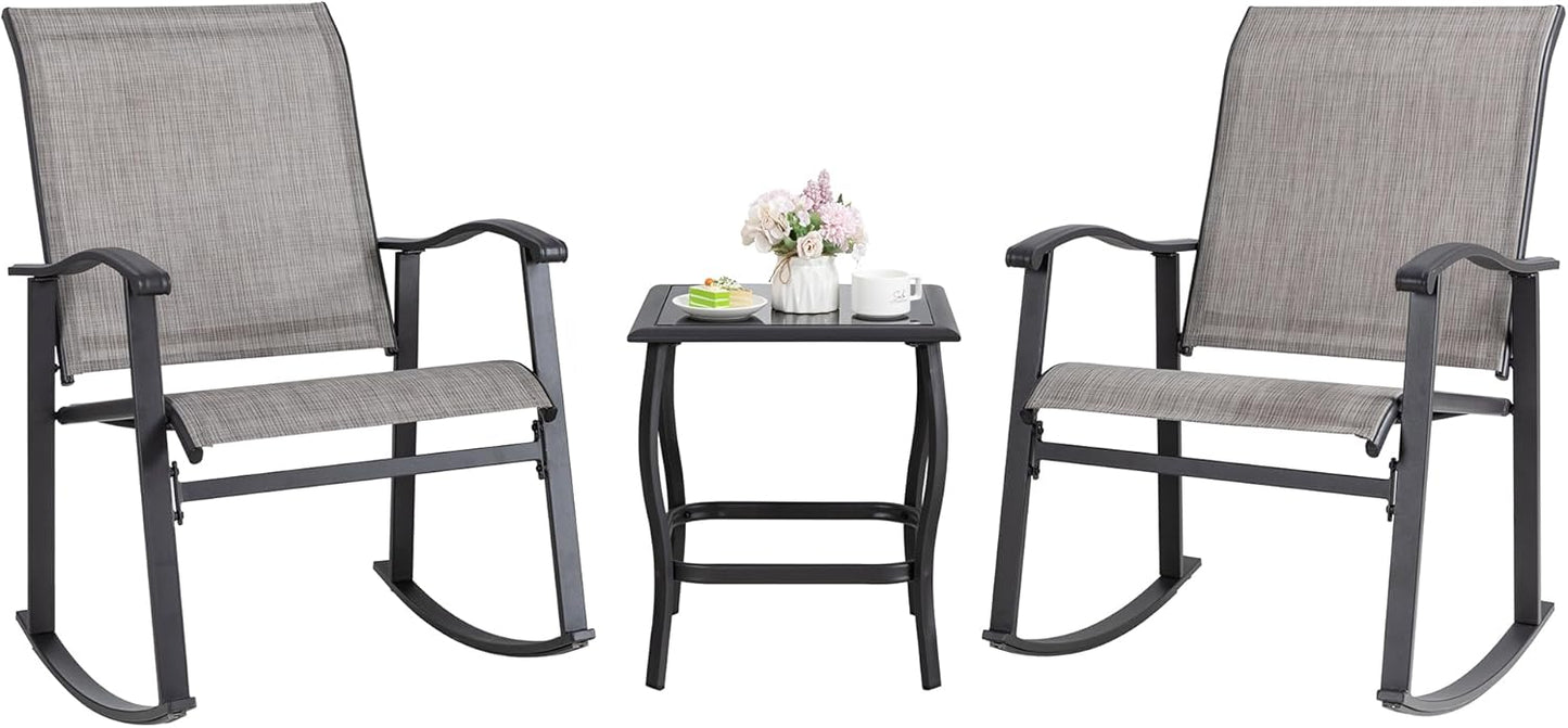 Shintenchi 3 Piece Rocking Bistro Set, Outdoor Furniture with Rocker Chairs and Glass Coffee Table Set of 3, Balcony, Porch Furniture for Small Space, Gray