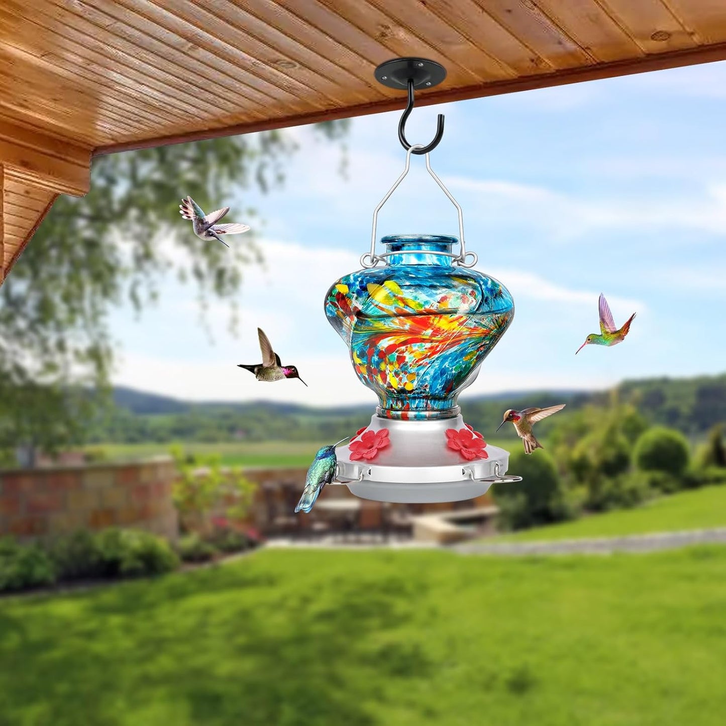 Hummingbird Feeder for Outdoors with Ant Moat, Blue Hummingbird Feeder, Hand Blown Twisted Glass, 4 Bee Guard Feeding Ports with Perch, Outdoor Décor, 16OZ, Gifts for Mom Wife Dad Men Women