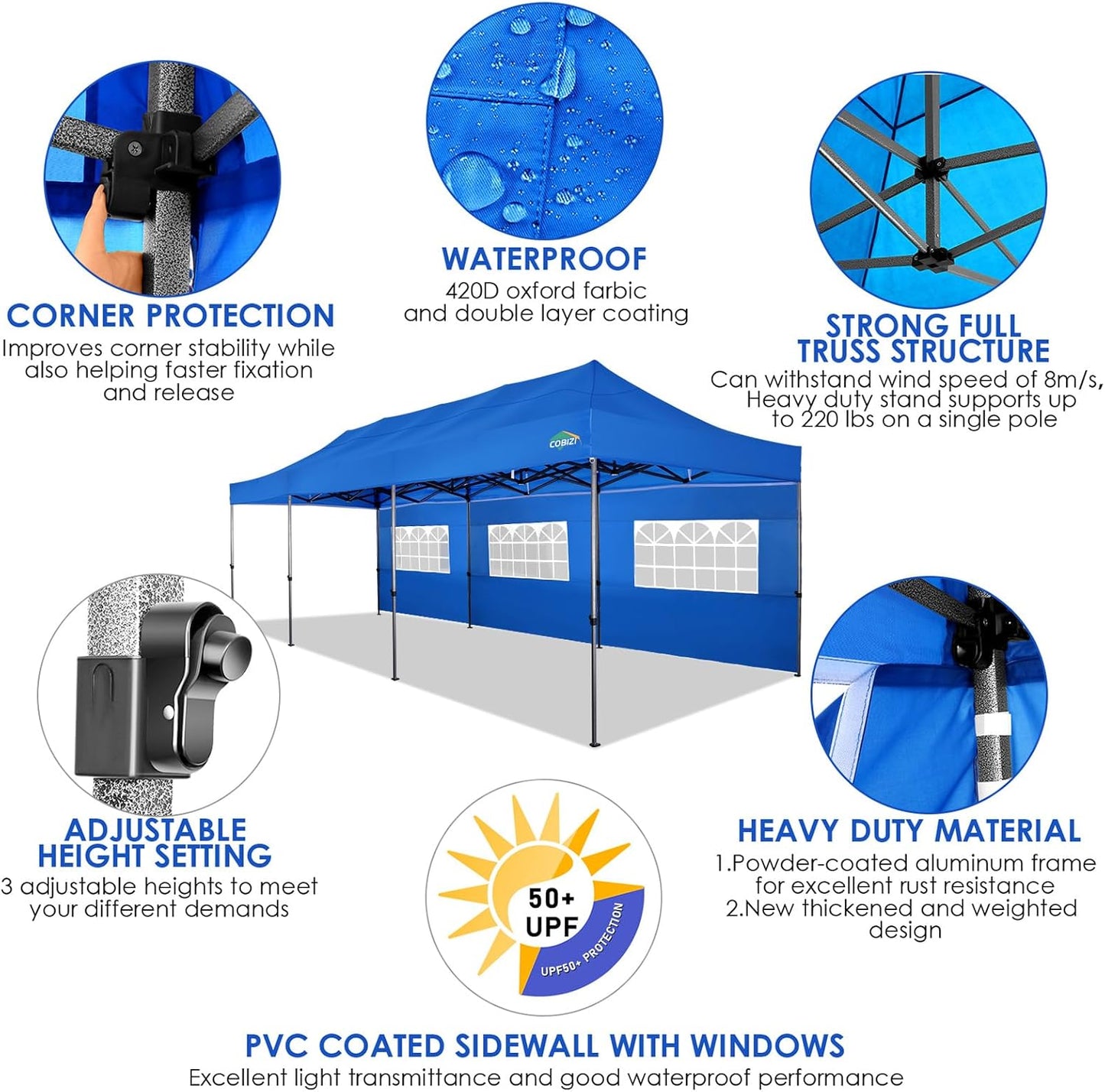 COBIZI 10x30 Pop up Canopy Tent 10x30 Canopy with Sidewalls, Heavy Duty Party Tent Tents for Parties, Foldable UPF 50+ Waterproof Commercial Easy up Canopy with Wheeled Bag, Blue(Frame Upgraded)