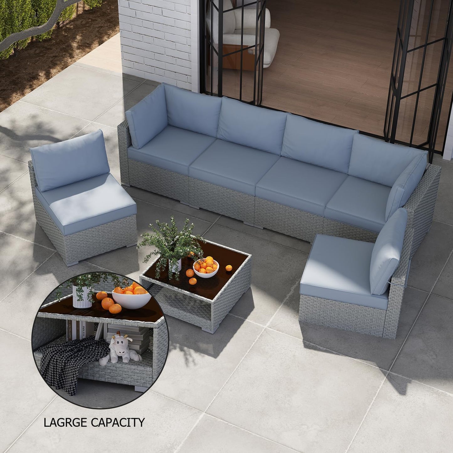 Patio Furniture Set 7-Piece, All-Weather Outdoor Conversation Set Sectional Sofa with Water Resistant Grey Thick Cushions and Coffee Table（Grey）