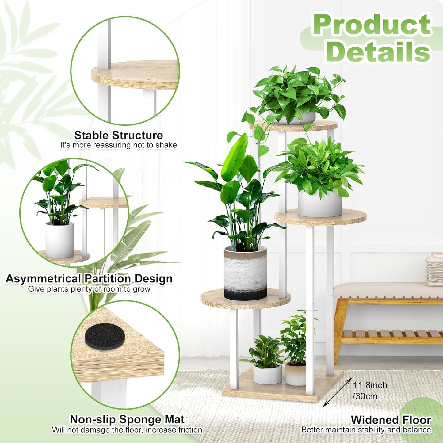 4 Tier Wood Tall Plant Stand Metal Rack Indoor, Multiple Flower Pot Holder Shelves Corner Rack, Round Planter Shelf Display Rack Storage Organizer for Patio Living Room Balcony(White Oak)