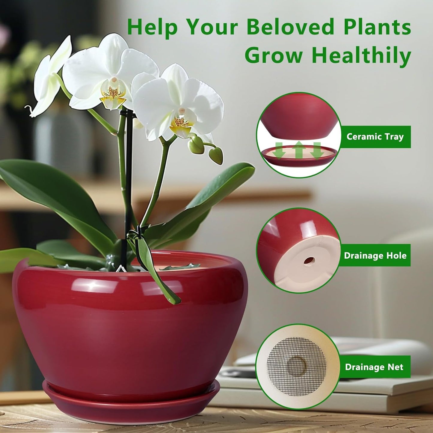 Ceramic Planter - 11 Inch Planter for Outdoor Plants Large Plant Pot Indoor with Drainage Hole and Saucer Round Modern Flower Pot Mid-Century Room Decor Red